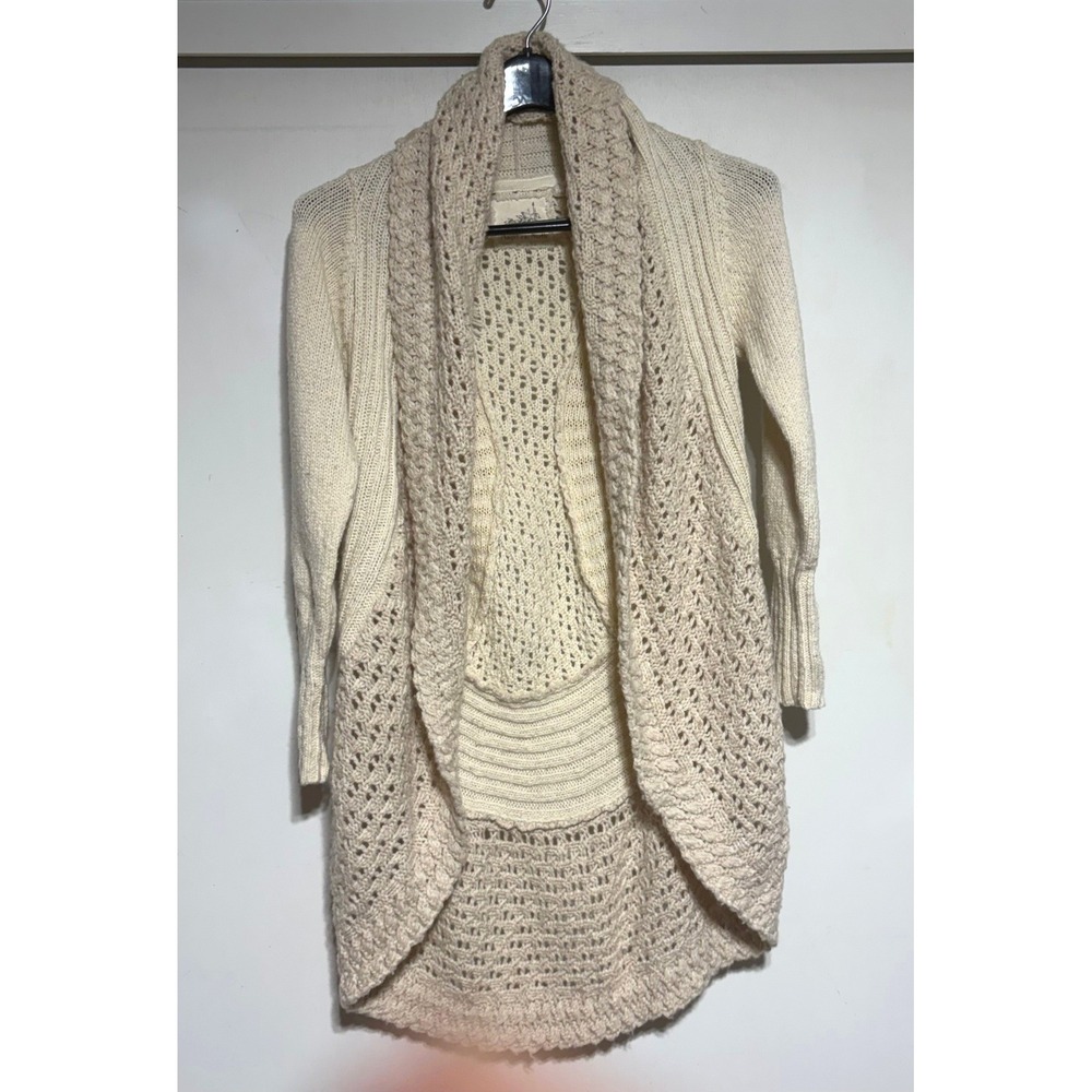 Anthropologie Angel of the North Cream Wool Blend Pointelle Knit Open Cardigan